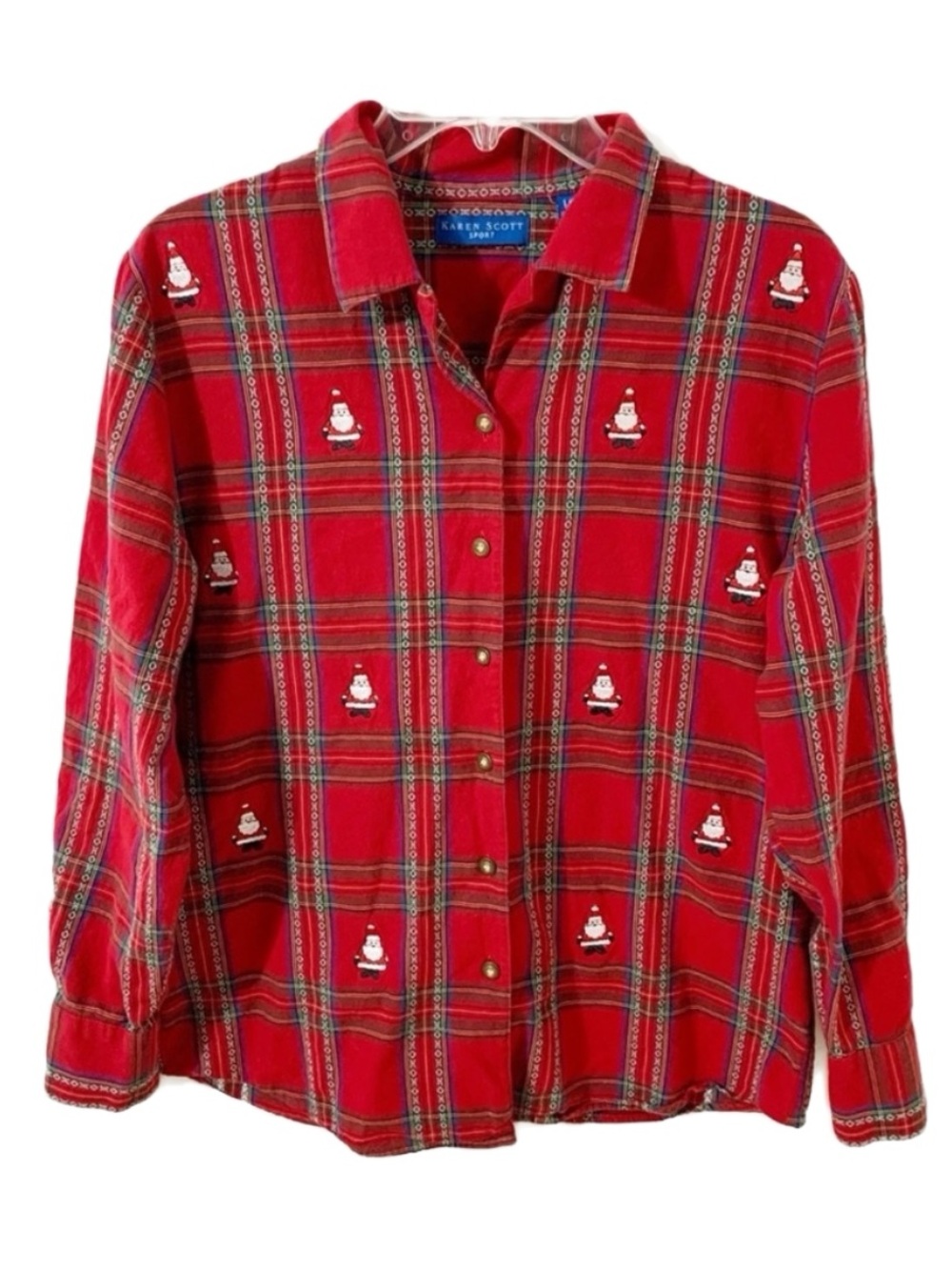 Karen Scott Sport Christmas Santa Button Front Shirt Embroidered Plaid Small